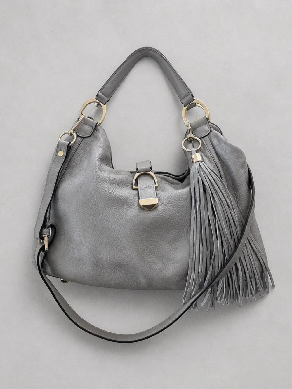 G.I.L.I. Stirrup Hobo Grey Leather Fringe Tassel Large Slouchy Shoulder Bag MINT